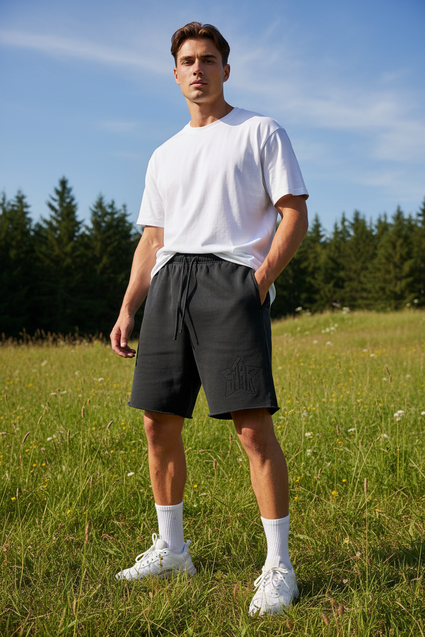 Model wearing Snow Washed Raw Hem Shorts