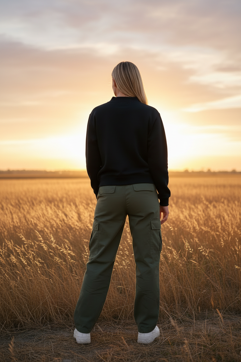 Woman in sweatshirt with baggy pants - back view sunset
